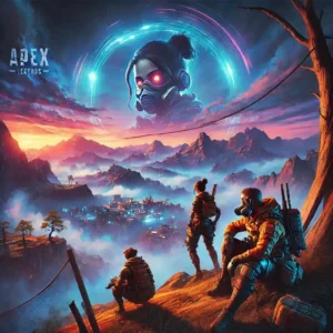 Uma cena vibrante de Apex Legends, mostrando personagens em um ambiente montanhoso e futurista, com uma figura icônica no céu. A arte é cheia de detalhes e cores impressionantes, destacando a atmosfera do jogo.