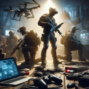 Imagem de um time de soldados do jogo Call of Duty Warzone, equipados com armas e tecnologia, rodeados por drones e equipamentos de comunicação, representando táticas de guerra moderna.