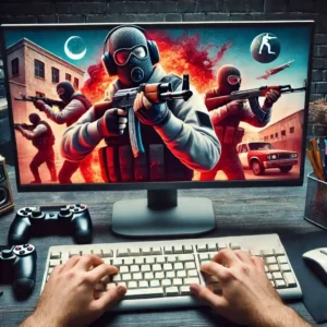 Imagem mostrando um computador gamer com uma cena de ação, apresentando personagens do jogo Counter-Strike Global Offensive (CSGO) em confronto. Teclado e controles em evidência.