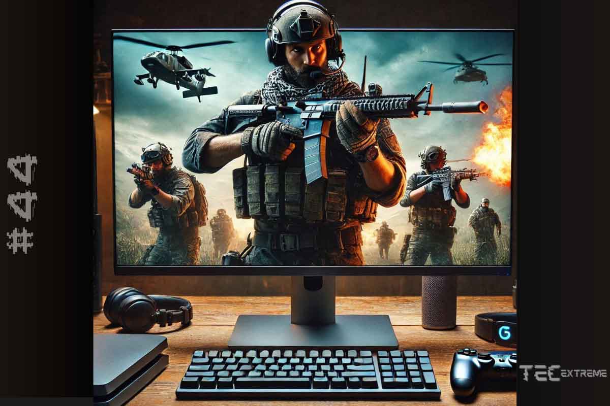 Imagem de um computador gamer exibindo uma cena intensa de combate, com soldados armados em ação e helicópteros no fundo, imagem de destaque do post que mostra os 5 melhores jogos de tiro para PC.