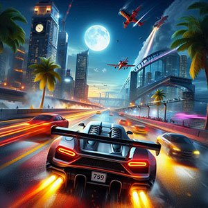 Imagem de Asphalt 8: Airborne, jogo grátis para Windows, mostrando um carro esportivo dirigindo em alta velocidade em uma cidade futurista com arranha-céus iluminados e um céu noturno.