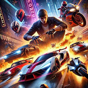 Imagem de Asphalt Legends Unite, destacando carros esportivos e motocicletas em alta velocidade, com explosões e um cenário urbano dinâmico.