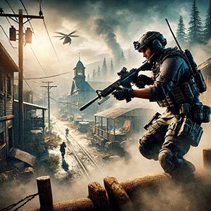 Imagem de Call of Duty Warzone, destacando um soldado em um cenário de guerra, carregando um rifle, em uma cidade abandonada com fumaça e helicópteros ao fundo