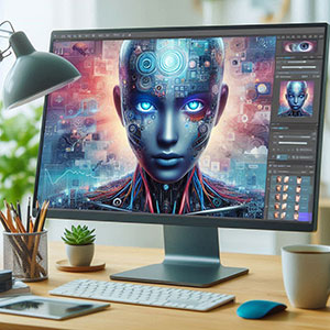 Computador moderno exibindo uma arte digital de inteligência artificial no software Canva, com um rosto humanoide e elementos tecnológicos.