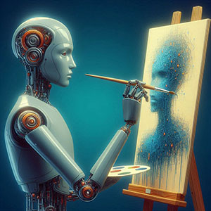 Imagem da IA Stable Diffusion. Mostra um robô artista pintando um retrato em uma tela, explorando a interseção entre tecnologia e arte. A imagem destaca a criatividade da robótica.