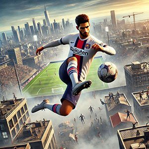 Jogador de futebol do eFootball jogo grátis para Windows, pulando com a bola em um campo urbano, simbolizando a paixão pelo esporte e conquista.