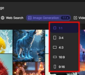 A imagem mostra opções de proporções para geração de imagens na IA Qwen2.5-MAX, incluindo 1:1, 3:4, 4:3, 16:9 e 9:16, destacando a diversidade de formatos.