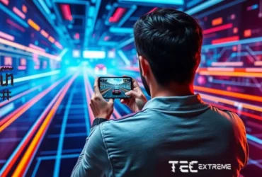 Homem jogando jogos para Android em um smartphone em um ambiente digital futurista com luzes neon vibrantes e cores brilhantes. O jogo simula uma corrida em um cenário tecnológico, destacando a experiência imersiva dos jogos para Android.