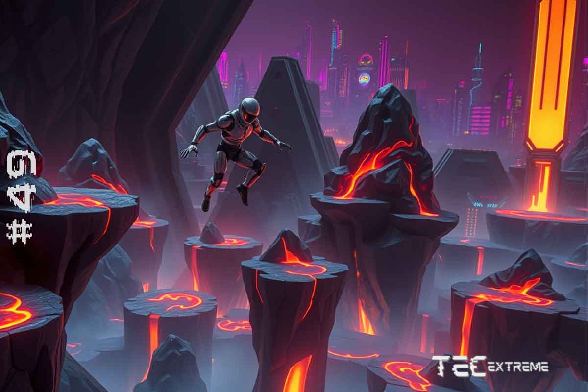 A imagem mostra um personagem futurista salta entre formações rochosas iluminadas por lava em um