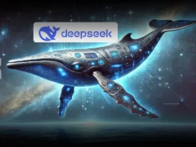 Imagem de uma baleia futurista com detalhes tecnológicos e digitais, simbolizando a fusão entre natureza e tecnologia, associada à marca deepsseek.