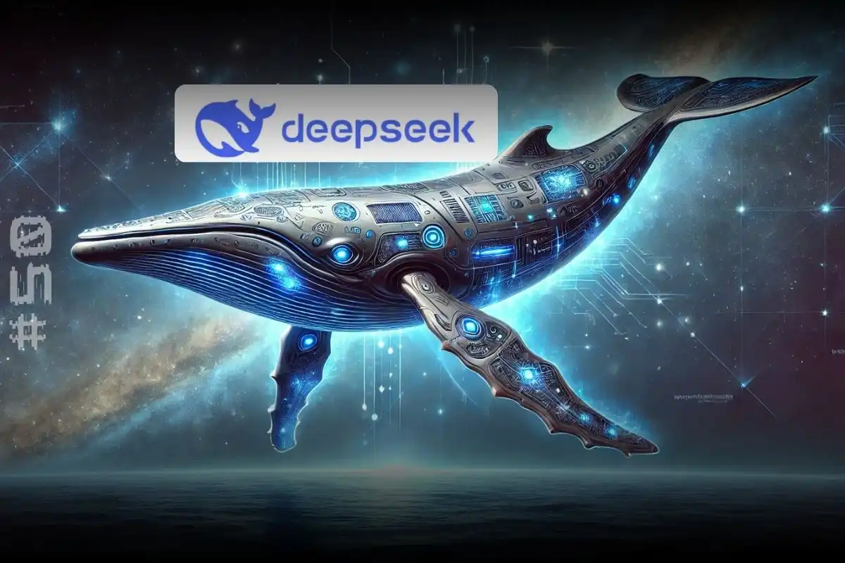 Imagem de uma baleia futurista com detalhes tecnológicos e digitais, simbolizando a fusão entre natureza e tecnologia, associada à marca deepsseek.