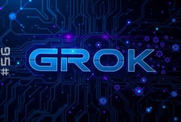 Imagem com a palavra GROK (Representando o post sobre Grok 3) em destaque sobre um fundo tecnológico com circuitos e elementos digitais, representando inovação e tecnologia.