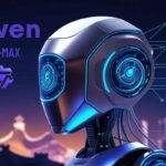 Imagem do robô Qwen 2.5-MAX, destacando sua estrutura futurista e tecnologia avançada, em um cenário noturno. Ideal para conteúdo sobre inteligência artificial.