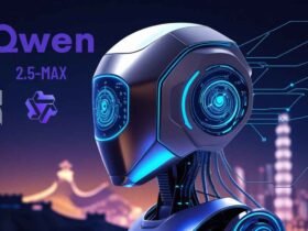 Imagem do robô Qwen 2.5-MAX, destacando sua estrutura futurista e tecnologia avançada, em um cenário noturno. Ideal para conteúdo sobre inteligência artificial.