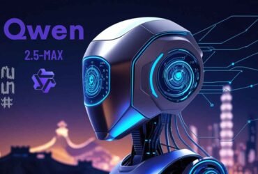 Imagem do robô Qwen 2.5-MAX, destacando sua estrutura futurista e tecnologia avançada, em um cenário noturno. Ideal para conteúdo sobre inteligência artificial.