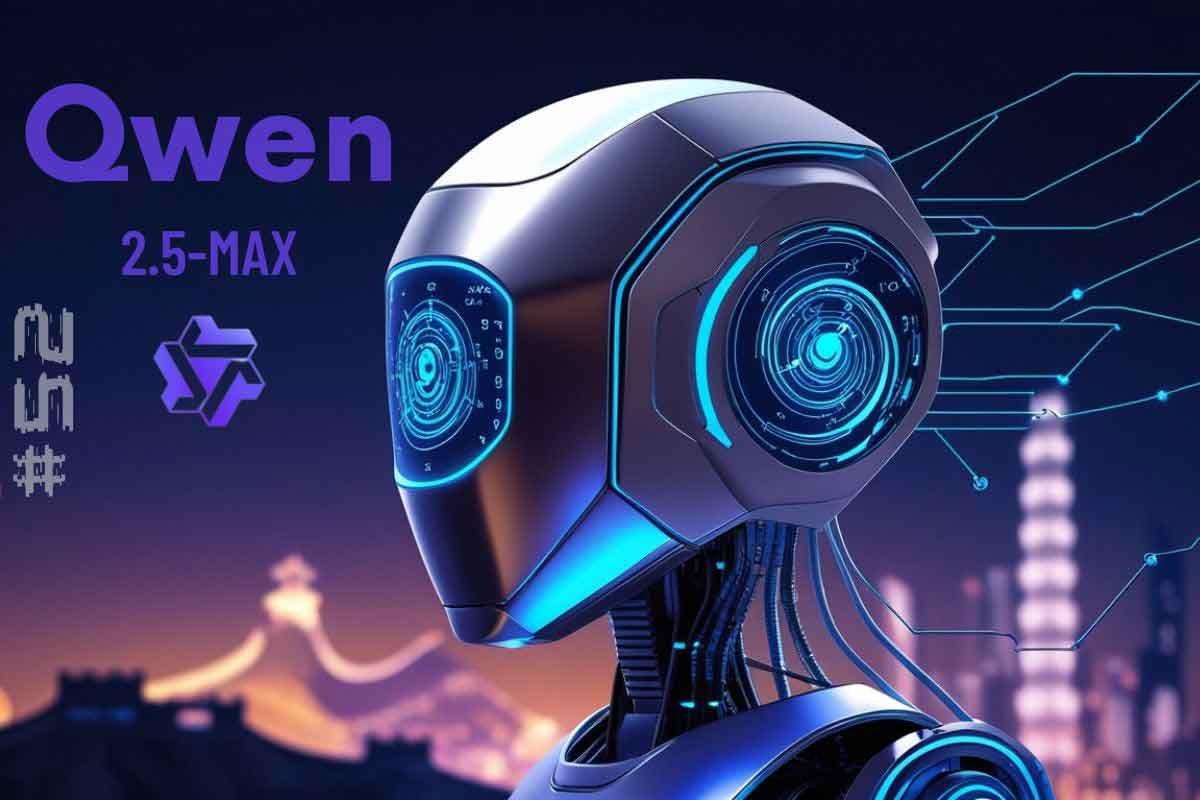 Imagem do robô Qwen 2.5-MAX, destacando sua estrutura futurista e tecnologia avançada, em um cenário noturno. Ideal para conteúdo sobre inteligência artificial.