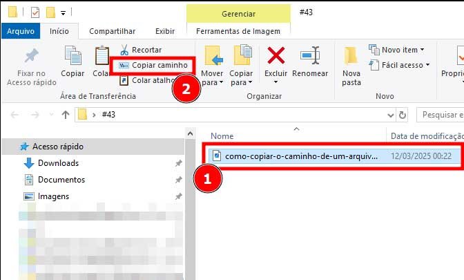 Imagem mostrando como copiar o caminho de um arquivo no computador. O processo é ilustrado em uma janela de gerenciamento de arquivos, destacando a opção 'Copiar caminho'.