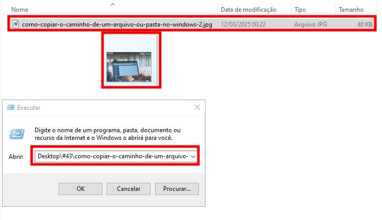 Imagem mostrando como copiar o caminho de um arquivo ou pasta no Windows selecionando e arrastando o arquivo para o executar (Windows+R).