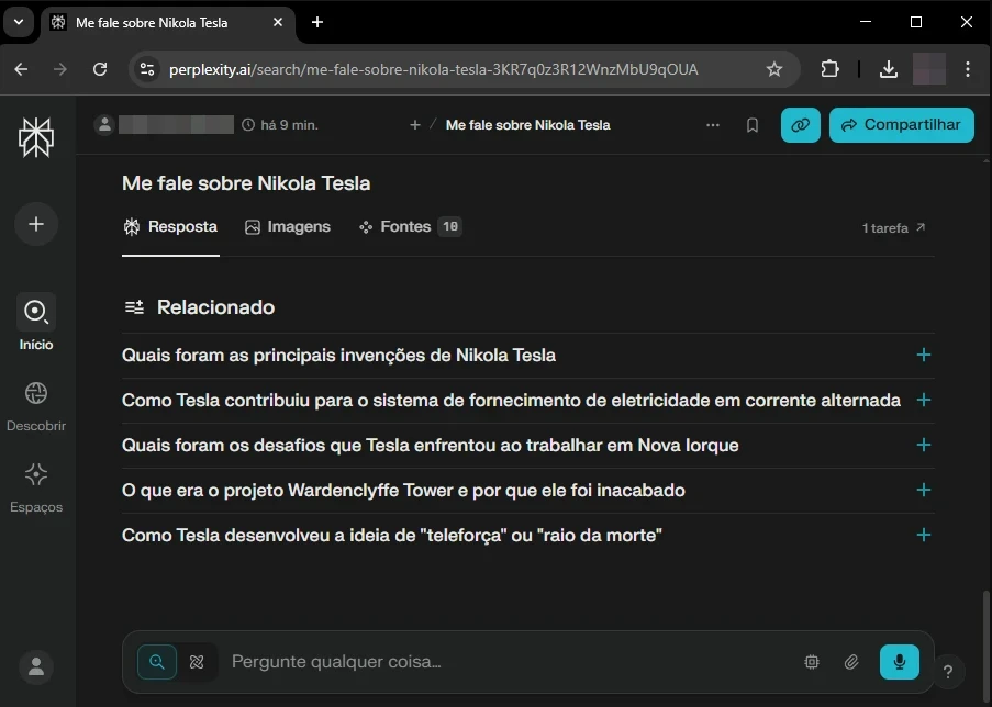 Imagem que apresenta informações de Nikola Tesla e a funcionalidade de 'Pesquisas Relacionadas', sobre o tópico.