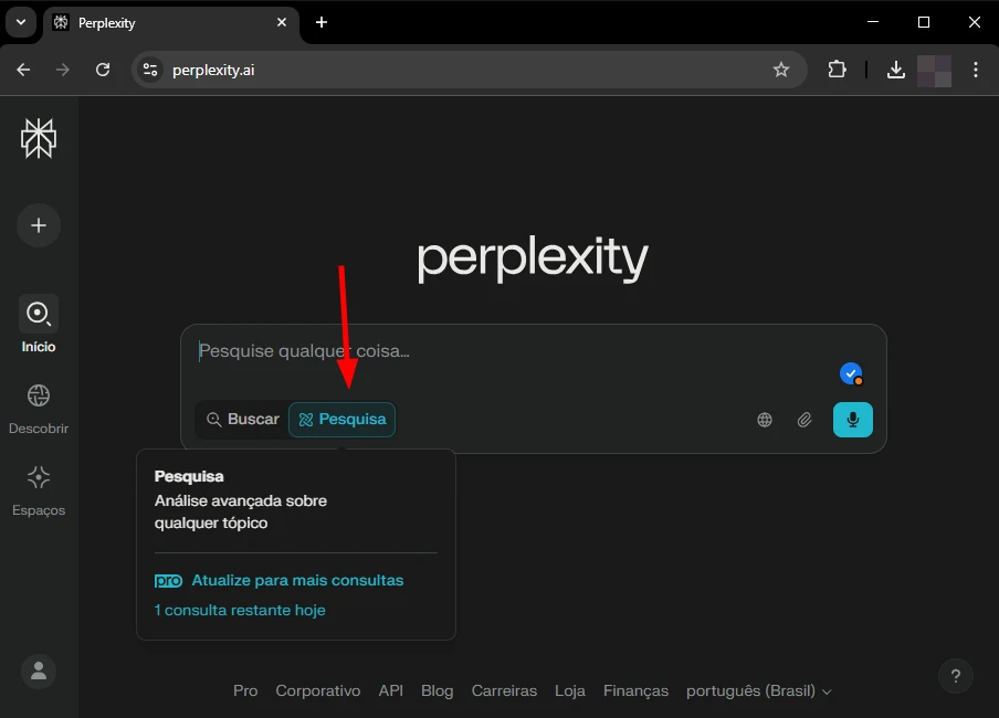 Interface do site Perplexity.ai com destaque na opção de pesquisa, permitindo uma análise avançada sobre qualquer tópico. A plataforma facilita a busca de informações com eficiência.
