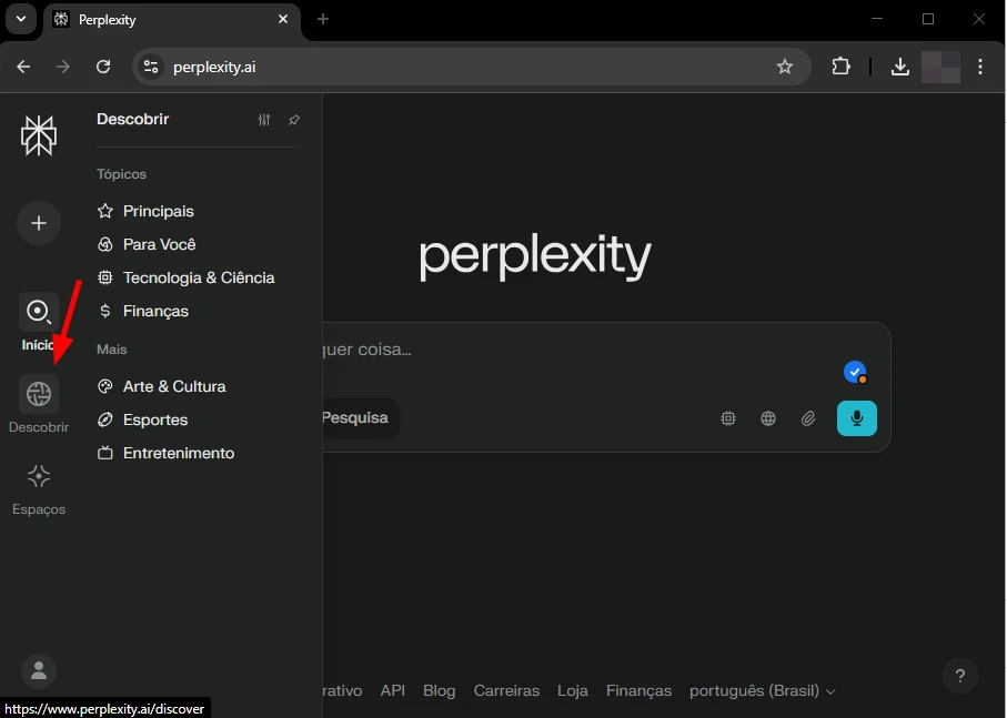 Captura de tela da interface do site Perplexity.ai, mostrando o menu de opções como 'Descobrir', 'Tecnologia & Ciência' e 'Finanças'.