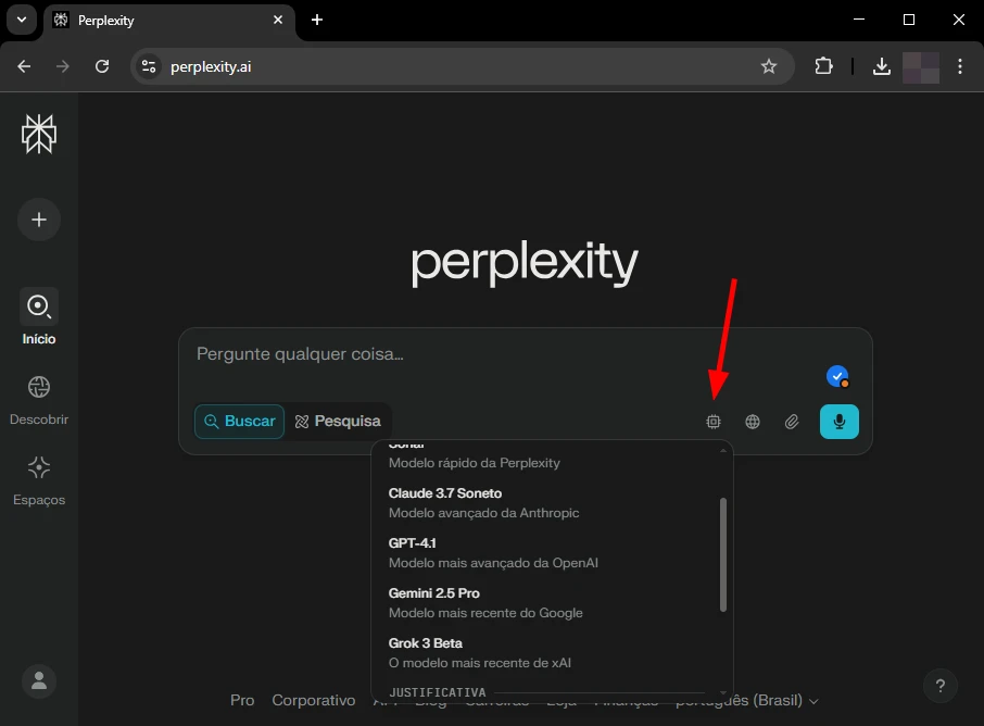 Tela inicial do Perplexity.ai, apresentando um campo de pesquisa e sugestões de modelos de IA, como GPT-4.1 e Gemini 2.5 Pro.