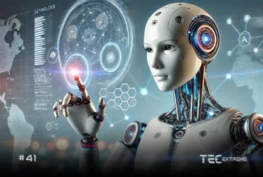 Image futurista de um robô interagindo com gráficos e tecnologia, representando o avanço da inteligência artificial e inovações tecnológicas.