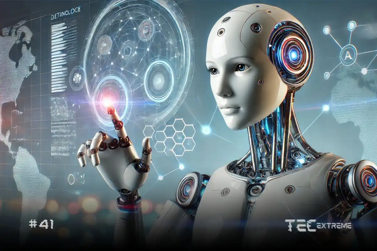 Image futurista de um robô interagindo com gráficos e tecnologia, representando o avanço da inteligência artificial e inovações tecnológicas.