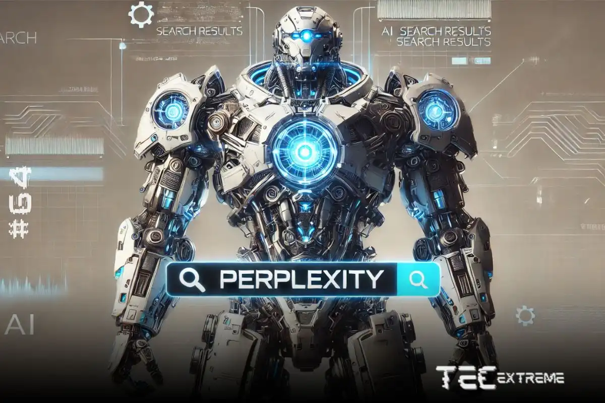 5 funcionalidades do Perplexity ausentes no ChatGPT 1 Imagem de um robô futurístico exibindo a palavra-chave Perplexity em uma interface digital, Imagem criada para o post de "Funcionalidades do Perplexity". O robô destaca-se pelo design tecnológico e os elementos de inteligência artificial ao fundo.