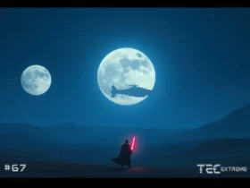 Cena épica com um guerreiro segurando um sabre de luz em um deserto sob duas luas brilhantes e um veículo espacial voa acima, Imagem para celebrar o Star Wars Day.