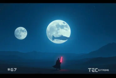 Cena épica com um guerreiro segurando um sabre de luz em um deserto sob duas luas brilhantes e um veículo espacial voa acima, Imagem para celebrar o Star Wars Day.