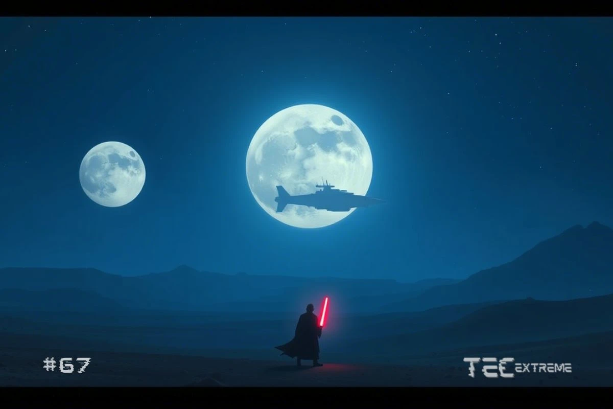 Cena épica com um guerreiro segurando um sabre de luz em um deserto sob duas luas brilhantes e um veículo espacial voa acima, Imagem para celebrar o Star Wars Day.