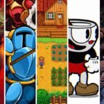 Imagem com várias personagens famosos de jogos indie, incluindo um gato de stray, um personagem de fantasia medieval de shovel knight, uma casa de fazenda de stardew valley, um personagem de desenho animado clássico de CupHead e um guerreiro estilo medieval ou de fantasia de hero siege.