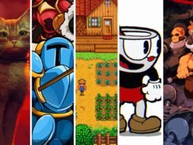 Imagem com várias personagens famosos de jogos indie, incluindo um gato de stray, um personagem de fantasia medieval de shovel knight, uma casa de fazenda de stardew valley, um personagem de desenho animado clássico de CupHead e um guerreiro estilo medieval ou de fantasia de hero siege.