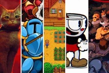 Imagem com várias personagens famosos de jogos indie, incluindo um gato de stray, um personagem de fantasia medieval de shovel knight, uma casa de fazenda de stardew valley, um personagem de desenho animado clássico de CupHead e um guerreiro estilo medieval ou de fantasia de hero siege.