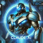 Imagem de um robô futurista azul, representando a tecnologia Claude.ai, com fundo digital e elementos tecnológicos, ideal para temas de inteligência artificial.