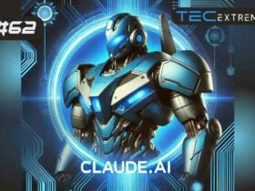 Imagem de um robô futurista azul, representando a tecnologia Claude.ai, com fundo digital e elementos tecnológicos, ideal para temas de inteligência artificial.