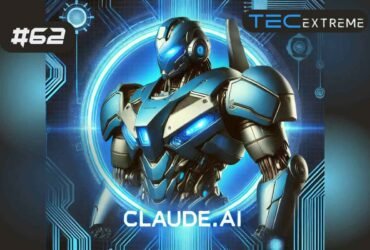 Imagem de um robô futurista azul, representando a tecnologia Claude.ai, com fundo digital e elementos tecnológicos, ideal para temas de inteligência artificial.