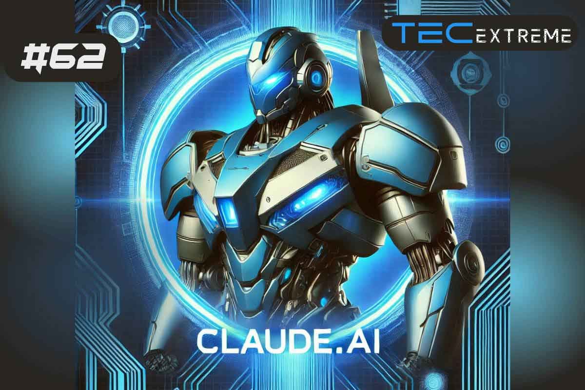 Imagem de um robô futurista azul, representando a tecnologia Claude.ai, com fundo digital e elementos tecnológicos, ideal para temas de inteligência artificial.