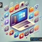 Imagem ilustrativa de um notebook com vários ícones de programas de PC, aplicativos de redes sociais, comunicação e entretenimento ao redor, destacando os programas essenciais para PC.