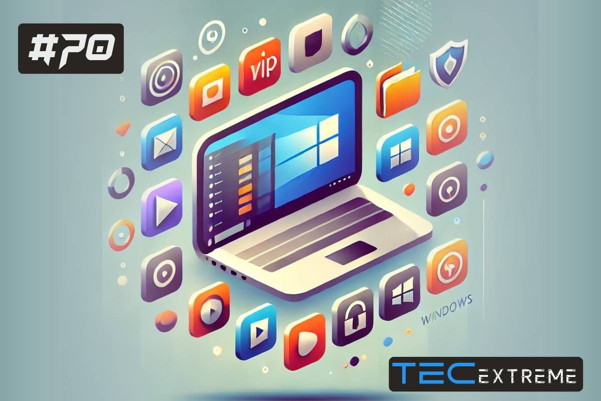 Imagem ilustrativa de um notebook com vários ícones de programas de PC, aplicativos de redes sociais, comunicação e entretenimento ao redor, destacando os programas essenciais para PC.