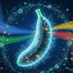 Imagem de banana tecnologica e futurista com elementos digitais e holográficos, representando a nano banana ia.