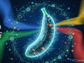Imagem de banana tecnologica e futurista com elementos digitais e holográficos, representando a nano banana ia.