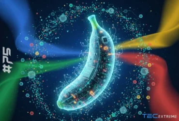 Imagem de banana tecnologica e futurista com elementos digitais e holográficos, representando a nano banana ia.