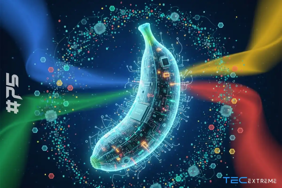 NANO BANANA: a nova IA do Google para Geração de Imagens Incríveis   1 Imagem de banana tecnologica e futurista com elementos digitais e holográficos, representando a nano banana ia.