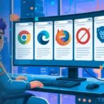 Ilustração de um personagem jovem sentado em frente a um computador com um monitor que exibe os ícones dos melhores navegadores para PC em 2025.