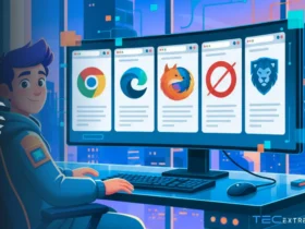 Navegadores para PC: 5 Melhores Opções para 2025 6 Ilustração de um personagem jovem sentado em frente a um computador com um monitor que exibe os ícones dos melhores navegadores para PC em 2025.