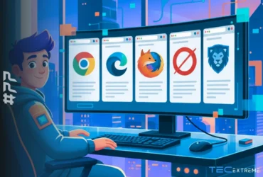 Navegadores para PC: 5 Melhores Opções para 2025 3 Ilustração de um personagem jovem sentado em frente a um computador com um monitor que exibe os ícones dos melhores navegadores para PC em 2025.
