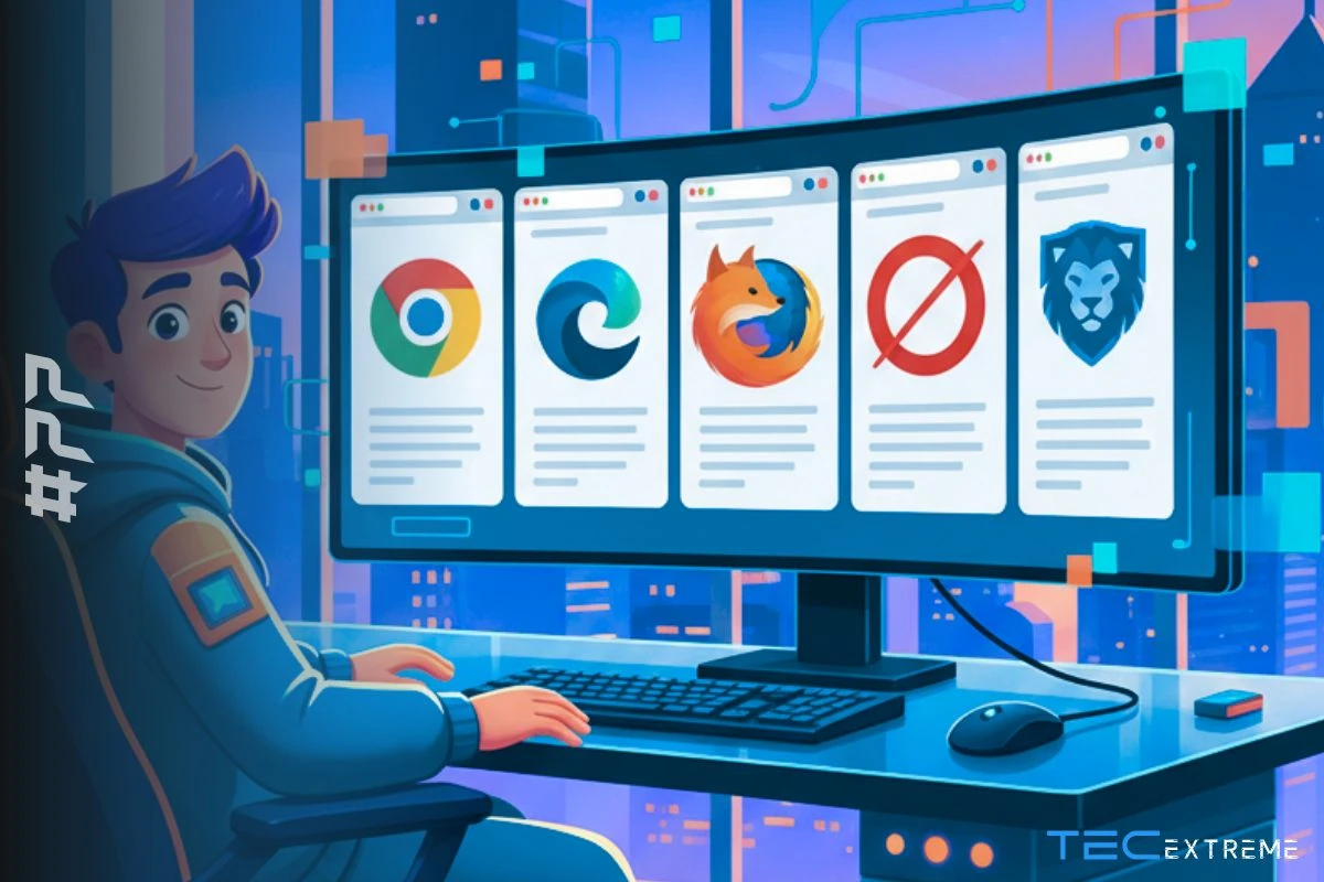 Navegadores para PC: 5 Melhores Opções para 2025 1 Ilustração de um personagem jovem sentado em frente a um computador com um monitor que exibe os ícones dos melhores navegadores para PC em 2025.