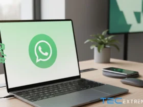Laptop na mesa com a tela exibindo o logo do WhatsApp para explicar como baixar e instalar WhatsApp, logo ao lado de um celular e mouse, com ambiente de escritório ao fundo.